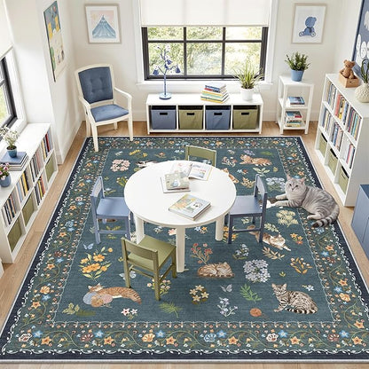 Soalmost Cat 8x10 Area Rugs for Living Room, Machine Washable Animal Floral Vintage Rug Non-Slip Low Pile Soft Throw Large Rugs for Classroom Bedroom Dining Room Nursery Playroom (8 x 10,Navy Blue)
