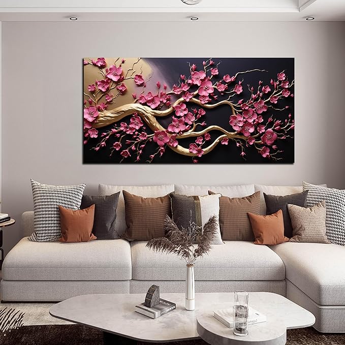 Ouzzlie Flower Wall Decor for Office Plum Blossom Tree Picture Black Canvas Art Gold Artwork Print for Bedroom Living Room 24" x 48"
