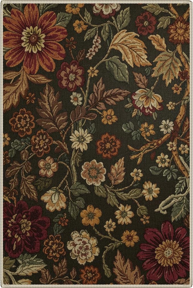 GENIMO 2X3 Washable Doormat, Vintage Floral Print Non-Slip Low Pile Chenille Area Rug, Small Entry Mat for Entrance Hallway Kitchen Bathroom, Floral Brown