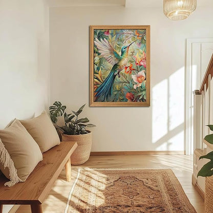 Framed Vintage 3D Textured Wall Art - Colorful Hummingbird Floral Wall Decor - Hand Painted Sandstone Nature Botanical Picture for Living Room Bedroom Home Decor 24x36 inch