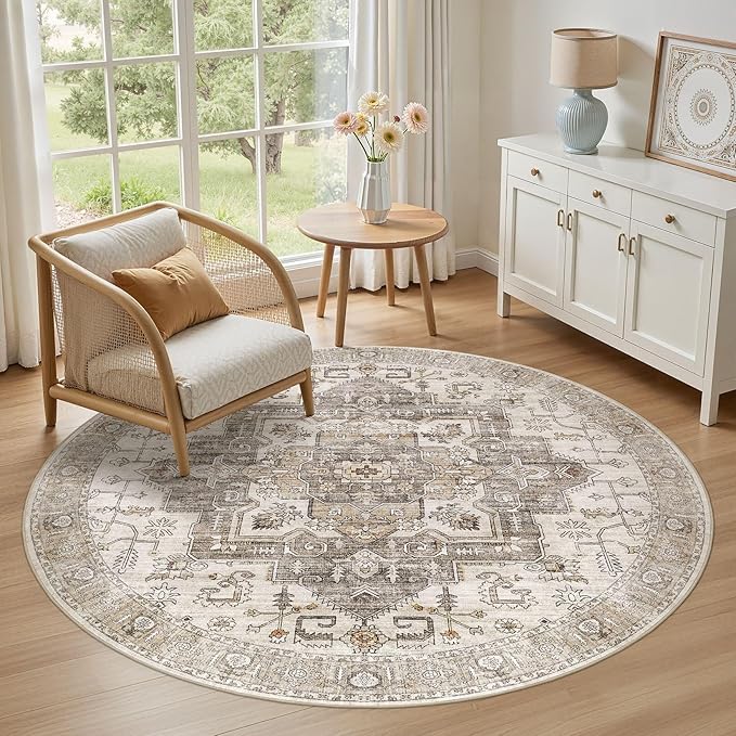 6x6 Round Area Rugs Washable Vintage - Soft Traditional Rugs for Living Room Large Non Slip Backing with Low Pile Farmhouse Oriental Retro Carpet for Bedroom Dining Room or Home Office - Light Brown
