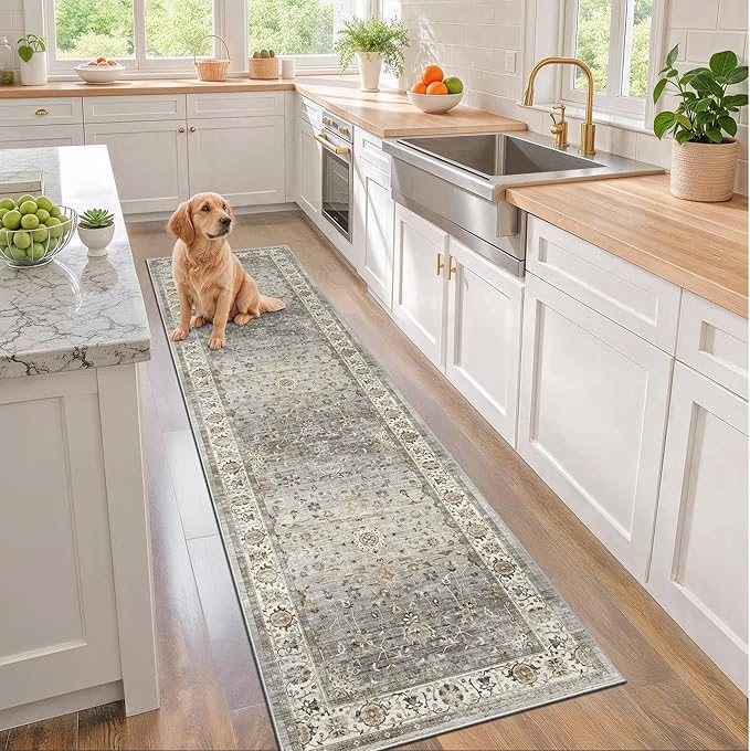 2x8 Washable Hallway Runner Rug - Kitchen Rugs with Non Slip Backing Vintage Soft Farmhouse Entryway Mat for Living Room Laundry Bedroom Bathroom Ivory/Grey