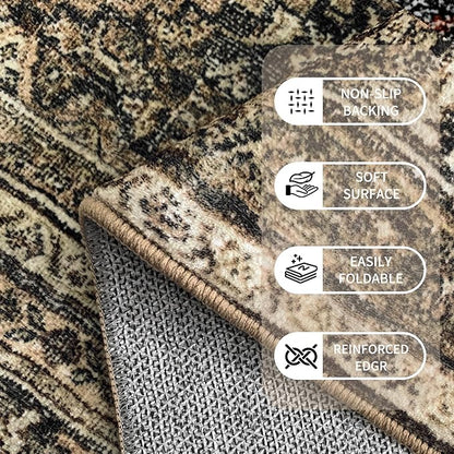Washable 10x14 Area Rug: Vintage Brown Rugs for Living Room Bedroom Dining Room Office Indoor - Soft Non-Slip Large Carpet Home Decor - Oriental Dark Brown