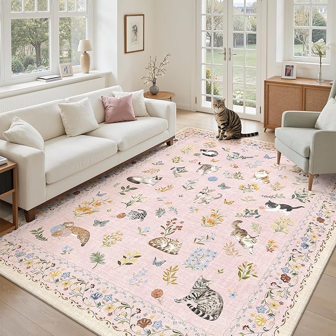 Soalmost Cat 5x7 Pink Area Rugs for Baby Girl Nursery, Machine Washable Animal Floral Vintage Rug Non-Slip Low Pile Soft Throw Rugs for Living Room Kitchen Dining Room Bedroom Playroom (5 x 7,Pink)