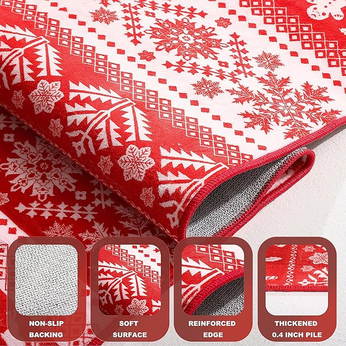 2x8 Hallway Runner Rug, Washable Non Slip Snowflake Print Design, Entryway Vintage Soft Kitchen Laundry Runner Rugs, Indoor Farmhouse Home Decor Carpet for Living Room Bedroom Dining Room, Red