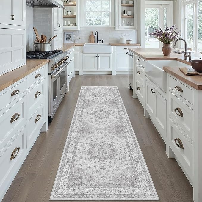 PureCozy Grey Gray Runner Rug 2x8 Washable Vintage Long Carpet for Hallway Kitchen Soft Retro Low Pile Thin Indoor Runner Non Slip Oriental Medallion Throw Rug for Bathroom Bedroom Laundry Dining Room