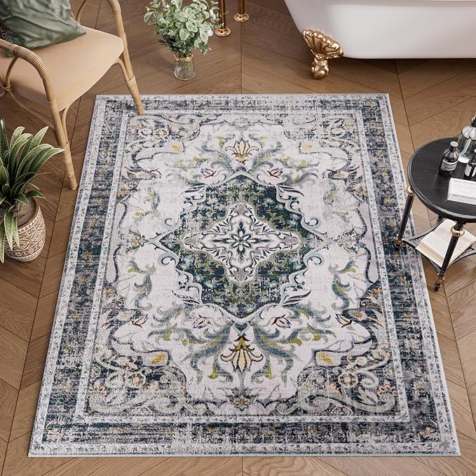 RUSHUFFY 2x3 Washable Small Rug Door Mat, Rugs for Entryway, Vintage Boho Distressed Print Pattern Non-Slip Carpet, Throw Rug for Indoor Entrance Kitchen Bedroom Bathroom Laundry Floor, Grey White