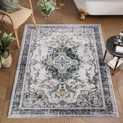 RUSHUFFY 2x3 Washable Small Rug Door Mat, Rugs for Entryway, Vintage Boho Distressed Print Pattern Non-Slip Carpet, Throw Rug for Indoor Entrance Kitchen Bedroom Bathroom Laundry Floor, Grey White