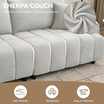 88 "Modern Boucle Sofa Couch, Oversized Comfy 3 Seater Sherpa Curved Sofas Deep Seat, Upholstered Loveseat Teddy Round Arm Couches for Living Room, Bedroom, Light Grey
