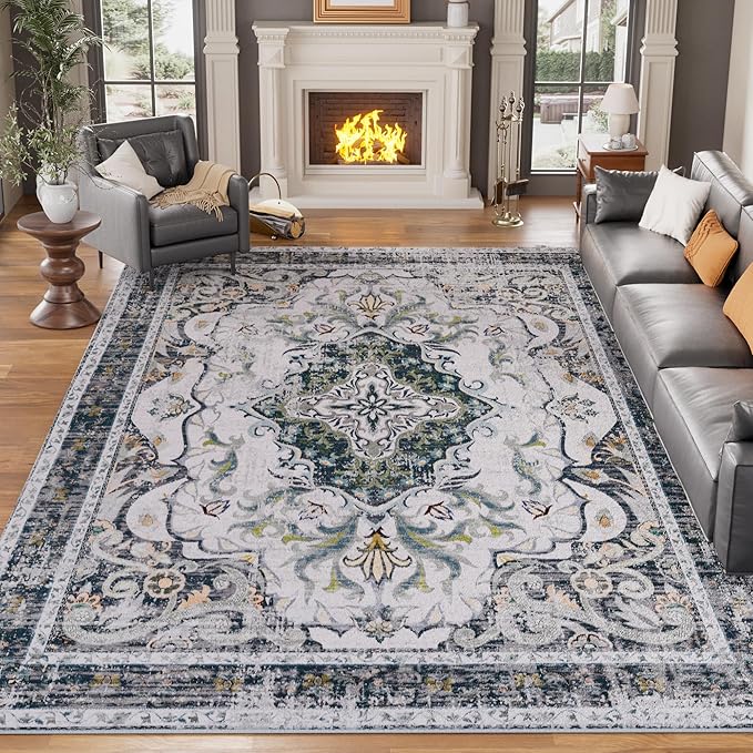 RUSHUFFY 8x10 Washable Rug for Living Room, Non-Slip Large Boho Vintage Print Pattern Carpet for Bedroom Dorm Dining Room Farmhouse Nursery Home Office, Grey White