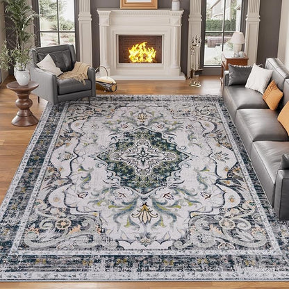 RUSHUFFY 8x10 Washable Rug for Living Room, Non-Slip Large Boho Vintage Print Pattern Carpet for Bedroom Dorm Dining Room Farmhouse Nursery Home Office, Grey White