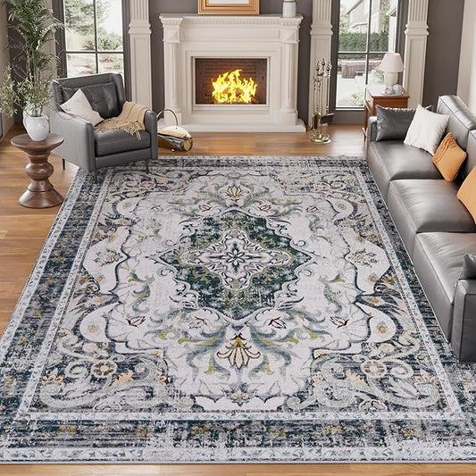 RUSHUFFY 8x10 Washable Rug for Living Room, Non-Slip Large Boho Vintage Print Pattern Carpet for Bedroom Dorm Dining Room Farmhouse Nursery Home Office, Grey White