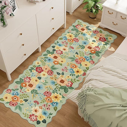 DUKINO 2x10 Runner Rug for Hallway, Washable Kitchen Rug with Non Slip Backing & Non-Shediing, Soft Low Pile Floral Design Runner for Bedroom, Kithchen, Living Room, Laundry, Bathroom, Green