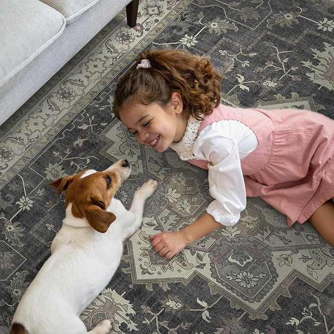 GENIMO 2x10 Runner Rugs for Hallway, Machine Washable Non Slip Vintage Rugs, Low Pile Lightweight Soft Print Rug for enrtyway, Corridor, Home, Office, Kitchen, Muted Charcoal Beige