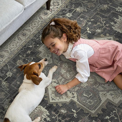 GENIMO 2x10 Runner Rugs for Hallway, Machine Washable Non Slip Vintage Rugs, Low Pile Lightweight Soft Print Rug for enrtyway, Corridor, Home, Office, Kitchen, Muted Charcoal Beige