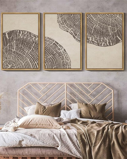 PHOPAGO Farmhouse Vintage Framed Wall Art Large 24x36in Set Gray Wood Tree Ring Spirals Nature Abstract Drawings Rustic Modern Art Decor for Living Room Bedroom - Natural Framed