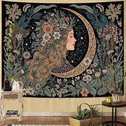 Neasow Moon Girl Floral Tapestry, Botanical Nature Wall Art, Boho Aesthetic Mystic Decor for Living Room Bedroom Home, Green 60x80 inches