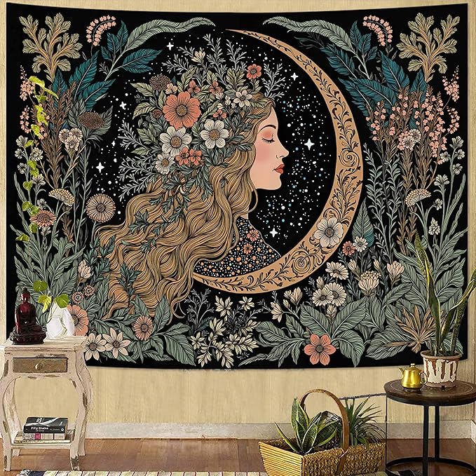 Neasow Moon Girl Floral Tapestry, Botanical Nature Wall Art, Boho Aesthetic Mystic Decor for Living Room Bedroom Home, Green 44x60 inches