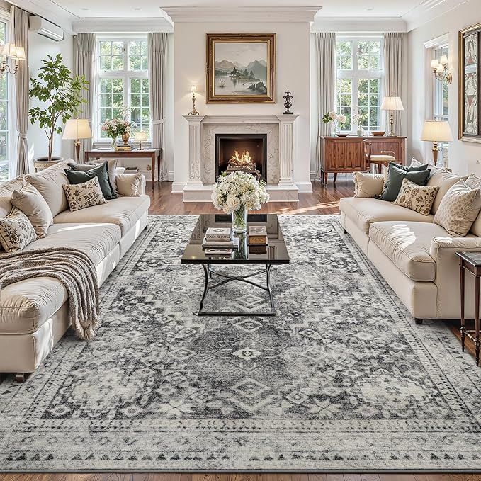 YOH Boho Washable Rug 6x9, Taupe Gray Vintage Non Slip Area Rug, Distressed Indoor Carpet for Living Room Bedroom Kitchen Office