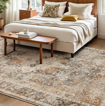 YOH Boho Washable Rug 5x7, Terracotta Vintage Non Slip Area Rug, Distressed Indoor Carpet for Living Room Bedroom Kitchen Office
