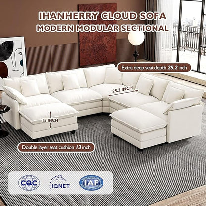 Ihanherry 114" V-Shaped Modern Sofa Modular Sectional Cloud Couch with 2 Ottoman, 7-Seat Chenille Deep Seat Sofa with Corner Section for Living Room, Bedroom and Apartment, Beige