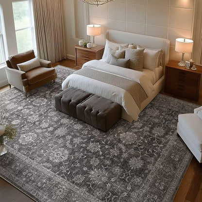 Washable 9x12 Area Rugs for Living Room, Boho Non-Slip Vintage Distress Lager Rugs for Bedroom Dining Room Nursery Office, 0.3" Neutral Oriental Throw Thin Carpet, Grey/Multi, E3