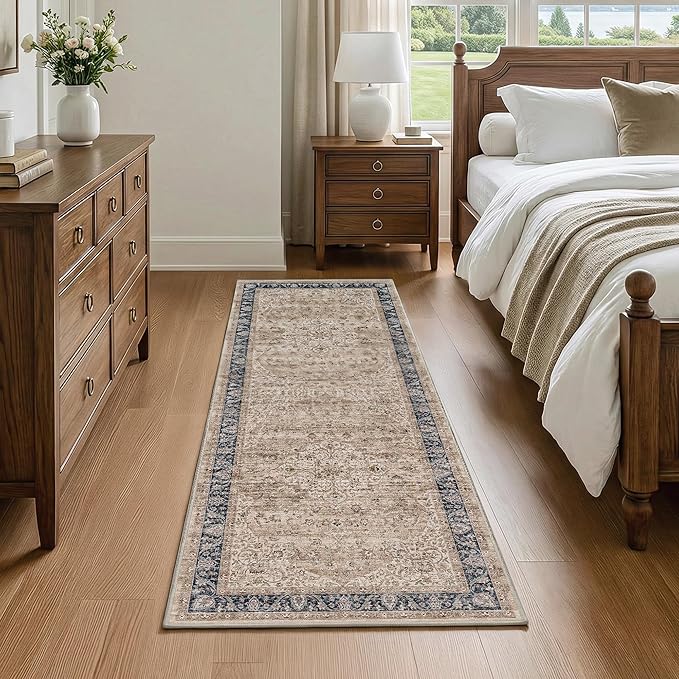 FMFUNCTEX 2x6 Hallway Runner Rug Brown Vintage Washable Distressed Oriental Non Slip Low Pile Neutral Indoor Carpet Retro Antique Thin Entryway Rug for Kitchen Bedroom Bedside Laundry Entry Bathroom