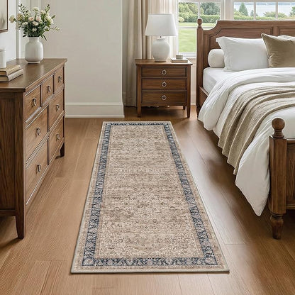 FMFUNCTEX 2x6 Hallway Runner Rug Brown Vintage Washable Distressed Oriental Non Slip Low Pile Neutral Indoor Carpet Retro Antique Thin Entryway Rug for Kitchen Bedroom Bedside Laundry Entry Bathroom