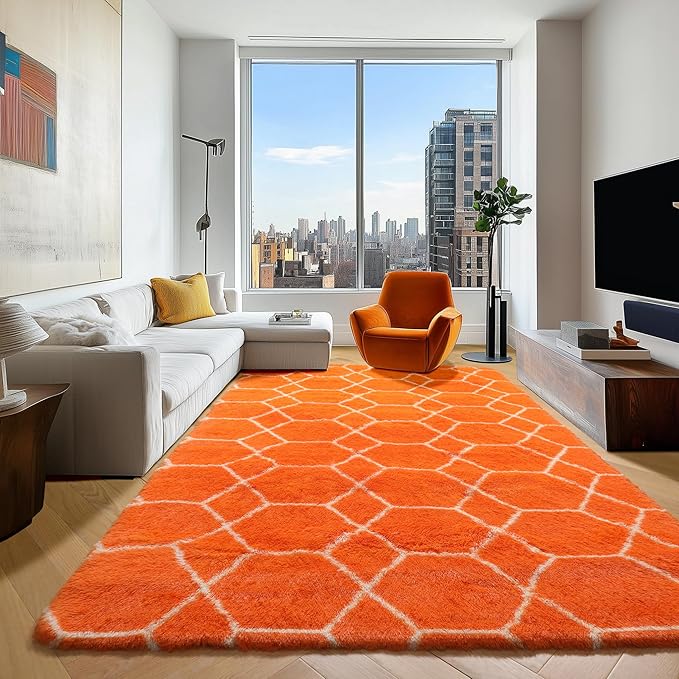 ONASAR Rugs for Living Room Bedroom, 5x8 Fluffy Orange and White Area Rug, Geometric Boho Soft Plush Shaggy Fuzzy Floor Carpet for Nursery Kids Girls Boys Teen Dorm Home Decor Aesthetic