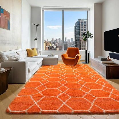 ONASAR Rugs for Living Room Bedroom, 5x8 Fluffy Orange and White Area Rug, Geometric Boho Soft Plush Shaggy Fuzzy Floor Carpet for Nursery Kids Girls Boys Teen Dorm Home Decor Aesthetic