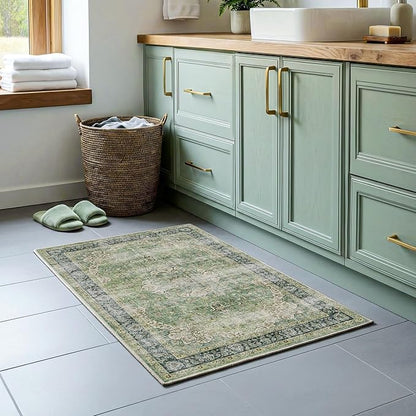 Entryway Rug 2x3 Green Washable Vintage Entryway Area Rug Distressed Oriental Neutral Non Slip Low Pile Door Mat Soft Retro Small Throw Thin Indoor Carpet for Entry Entrance Kitchen Bathroom Bedroom