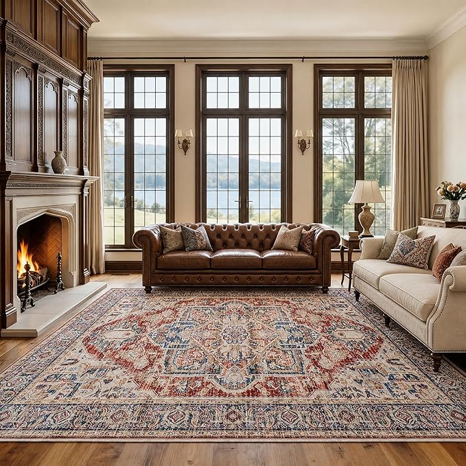 AMADA HOMEFURNISHING 9x12 Washable Area Rug, Low-Profile Large Area Rug with Non-Slip Backing & Durable Edge Binding, Vintage Large Rugs for Living Room, Bedroom & Dinning Room