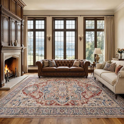 AMADA HOMEFURNISHING 9x12 Washable Area Rug, Low-Profile Large Area Rug with Non-Slip Backing & Durable Edge Binding, Vintage Large Rugs for Living Room, Bedroom & Dinning Room