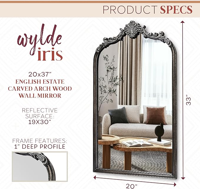 Wylde Iris English Estate Carved Arch Wood Wall Mirror, Mirror for Entryway, Living Room, Bathroom, Distressed Black, 20.4x33