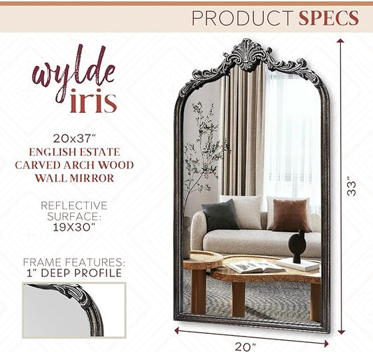 Wylde Iris English Estate Carved Arch Wood Wall Mirror, Mirror for Entryway, Living Room, Bathroom, Distressed Black, 20.4x33