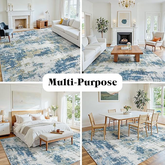 Area Rug 8x10 Living Room Rug Washable: No-Slip Abstract Soft Thin Large Blue Rugs, Indoor Floor Stain Resistant Modern Carpet for Bedroom Dining Room Farmhouse Nursery Home Office (Blue, 8'x10')