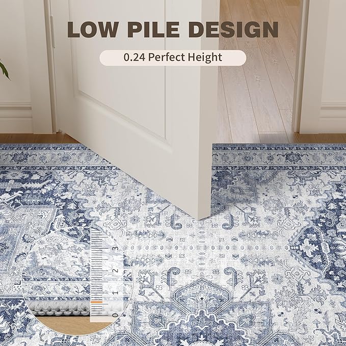 Washable 5x7 Area Rug - Soft Indoor Blue Non Slip Rugs for Living Room Bedroom Low Pile Stain Resistant Vintage Carpet for Home Decor Mat (Navy/Blue,5'x7')