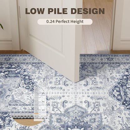 Washable 5x7 Area Rug - Soft Indoor Blue Non Slip Rugs for Living Room Bedroom Low Pile Stain Resistant Vintage Carpet for Home Decor Mat (Navy/Blue,5'x7')