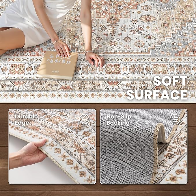 zesthome 7x9 Area Rug, Super Soft Washable Rugs for Living Room, Non-Slip Stain Resistant Vintage Rugs, Ultra-Thin Large Area Rugs (Orange,7'x9')