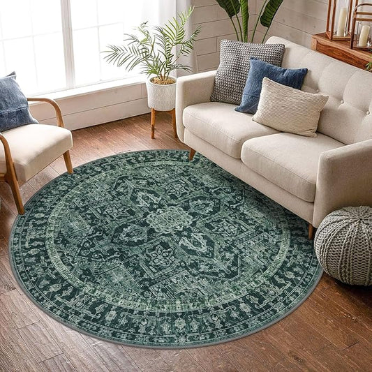 KOZYFLY Round Rug 6 Ft Rugs for Entryway Washable Circle Rug Non Slip Round Living Room Rugs Printed Faux Wool Round Dining Room Floor Carpet Floor Carpet for Entryway, Bedroom, Dark Green