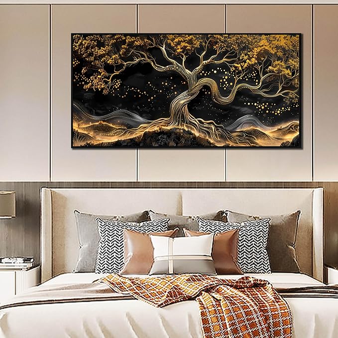 Black and Gold Canvas Wall Art for Living Room - Tree Wall Decor for Bedroom - Large Modern Framed Wall Art for Office Size 29" x 59"