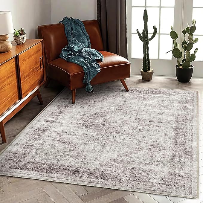CHAMPLANT Area Rug 5'x7' Washable Rug Floral red Vintage Traditional Floor Cover Thin Retro Kitchen Indoor Distressed Non Slip Carpet for Living Room Bedroom Dining Room