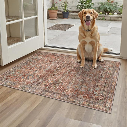 2x3 Entrance Rug Machine Washable Rug Small Door Mat,Ultra-Thin Low Pile Pad,Lightweight Indoor Carpet,Non Slip Floral Area Rug for Entryway,Bedside,Laundry,Bathroom,Terracotta/Indigo