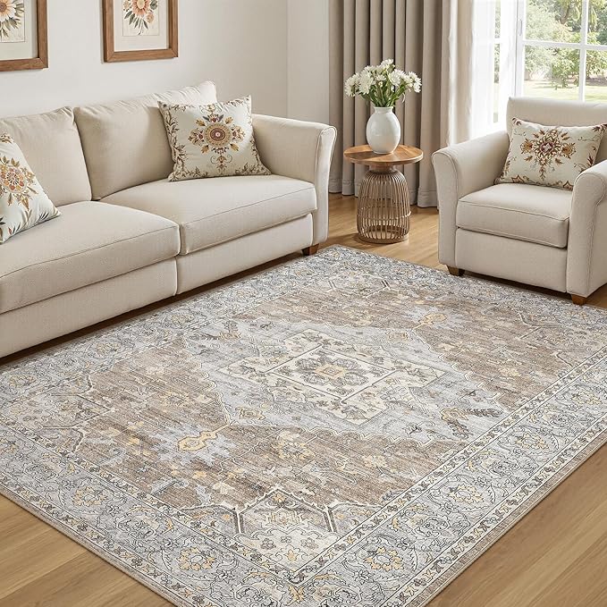 5x7 Washable Area Rugs for Living Room: Non Slip Vintage Brown Gray Rug, Large Soft Stain Resistant Indoor Floor Carpets for Bedroom Dining Room Nursery Home Office Kid & Pet Friendly