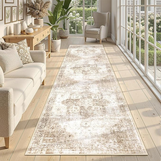 Runner Rug 2x8 Washable Rug, Vintage Boho Medallion Hallway Runner Non-Slip Soft Low Pile Distressed Floor Carpet Retro Doormat for Kitchen Bedroom Laundry Entryway Bathroom (Brown, 2'x8')