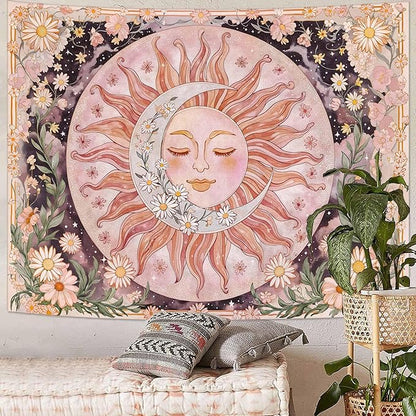 Neasow Sun Moon Daisy Tapestry, Boho Aesthetic Floral Wall Art, Pink Hippie Decor for Living Room Bedroom Home, 36x48 inches