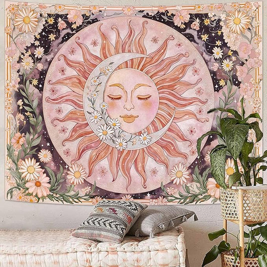 Neasow Sun Moon Daisy Tapestry, Boho Aesthetic Floral Wall Art, Pink Hippie Decor for Living Room Bedroom Home, 36x48 inches