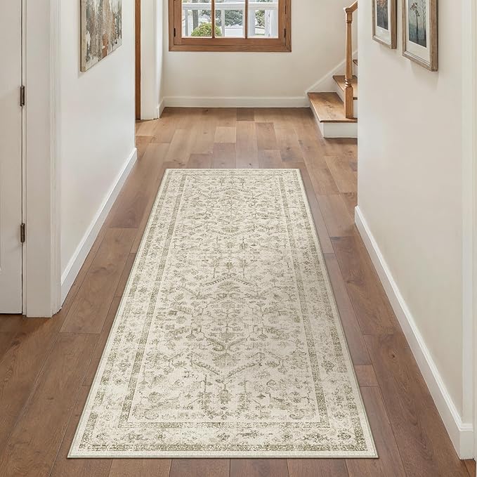 PureCozy Taupe 2x5 Runner Rug Vintage Area Carpet Hallway Indoor Kitchen Washable Low Pile Traditional Distressed Retro Accent Throw Rug Non Slip for Laundry Bathroom Office