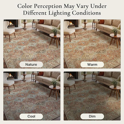 GENIMO 9x12 Area Rugs for Living Room, Machine Washable Non Slip Rugs, Low Pile Lightweight Print Rug for Bedroom, Dining Room, Home Office, Vintage Brick Red