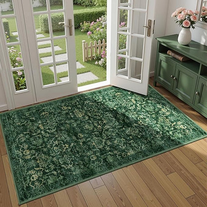 Dark Green 2x4 Runner Rug for Hallways Bed Side Kitchen, Boho Washable Distressed Low-Pile Floor Entryway Long Bathroom Mat, Non-Slip Laundry Room Washstand Front Carpet Green 24x48 Inch